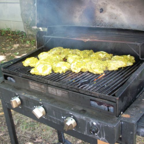 Les cuisses de poulet ont mariné dans une sauce martiniquaise bien relevée. Elles sont prêtes pour le BBQ.